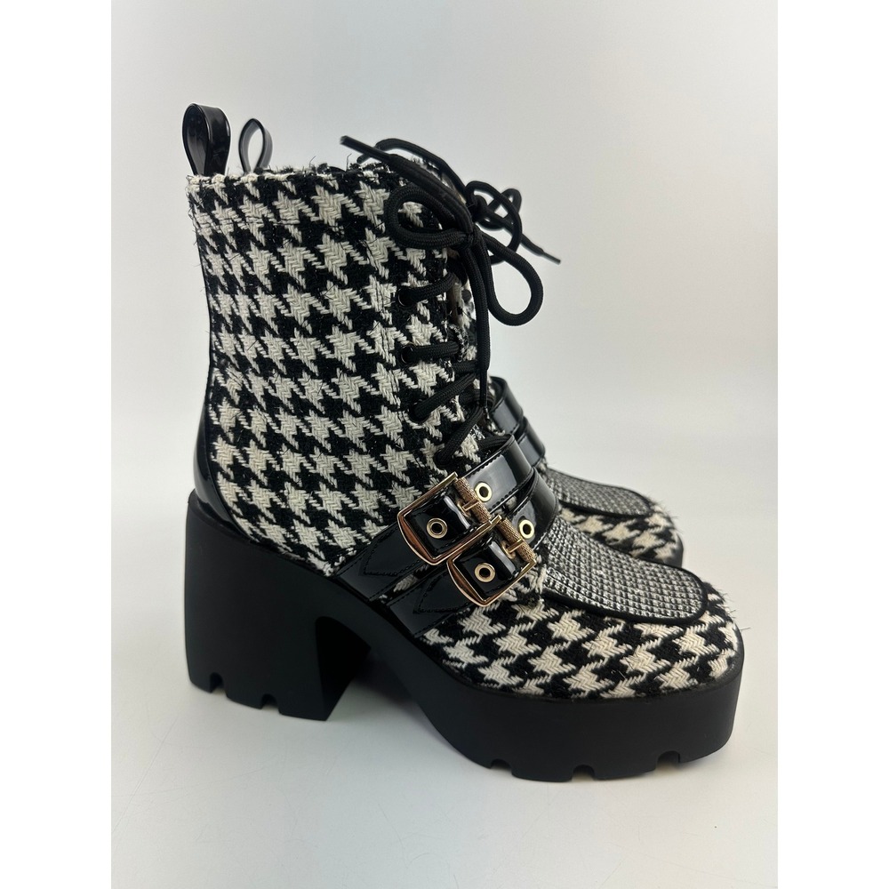 Betsey Johnson Cotton Houndstooth Platform Lug Sole Ankle Boots Black White 8 - Picture 2 of 13